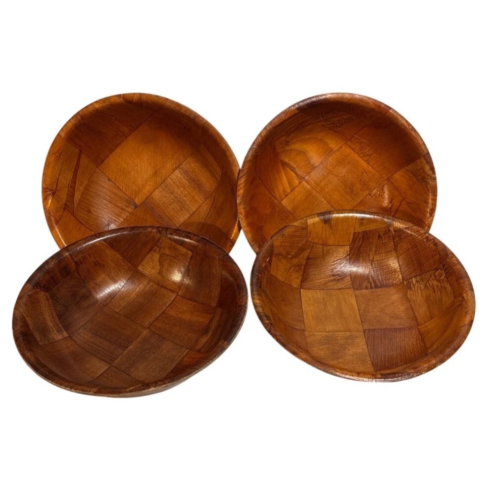 Wooden Salad Bowls Handcrafted Wood Grain Design Set Of 4 Vintage Lightweight